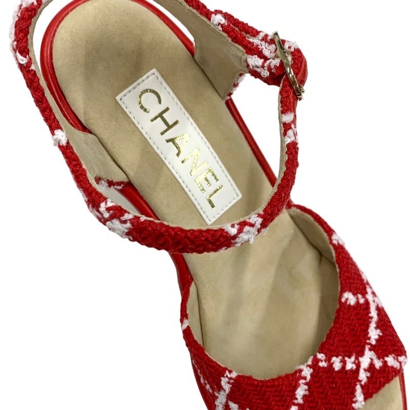 Chanel Sandals Shoes Tweed Cork Red White Unused Here Mark