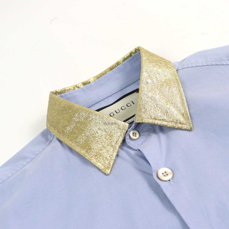 Gucci 521946 100% Cotton Logo Button Collar Silk Long Sleeves Blue Gold 41/16