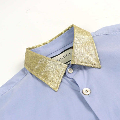 Gucci 521946 100% Cotton Logo Button Collar Silk Long Sleeves Blue Gold 41/16