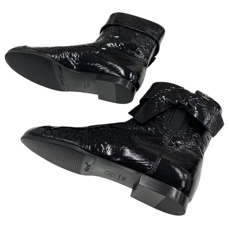 Chanel Boots Short Boots Shoes Patent Black Here Mark Wrinkled Side Gore Ribbon