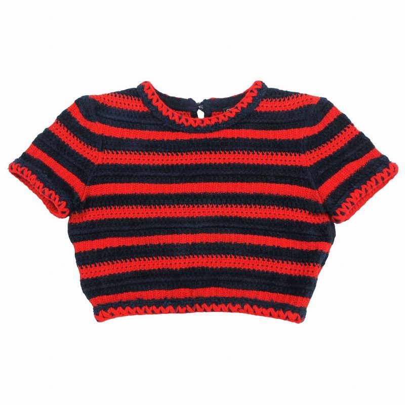 Chanel P70323k10021 21c Cropped Striped Knit Pullover Top Short Sleeves Red