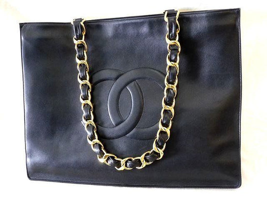 Chanel Chain Tote Bag - Vintage Shoulder Black Big Coco Mark Lambskin Gold