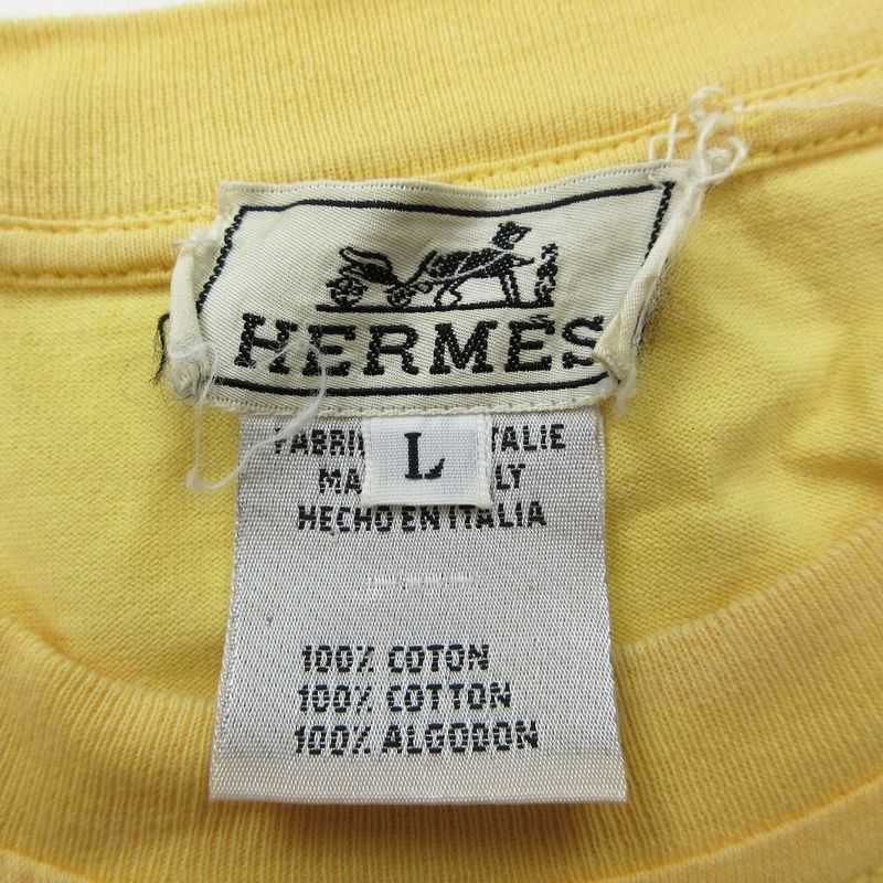 Hermes H Logo Embroidery Pocket T-Shirt Top Short Sleeves Yellow Size L Men's