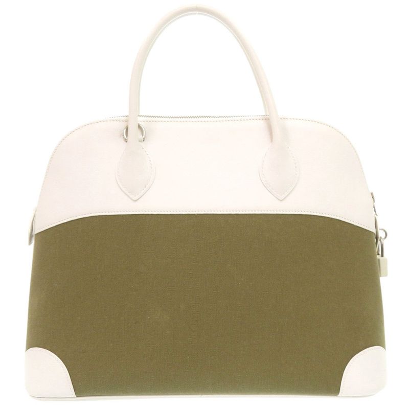 Hermes Bolide 37 Toile Gibesieres Vorsluft Khaki White □K Engraved Handbag 1537