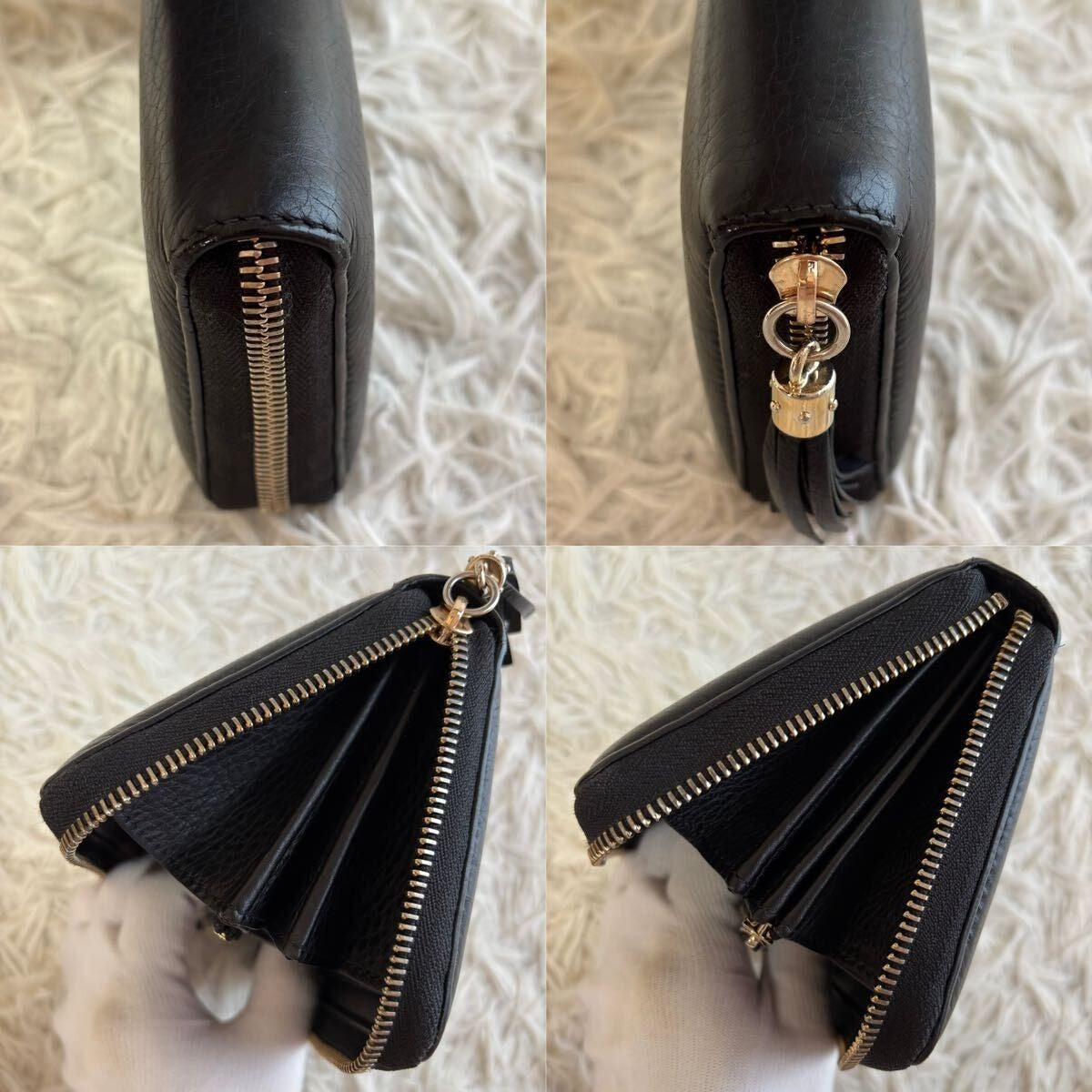 GUCCI Pebbled Calfskin Soho Zip Around Wallet Black Tassel Zippy