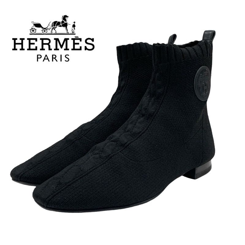 Hermes Duo Boots Short Boots Shoes Fabric Leather Black Socks Boots Exlibris