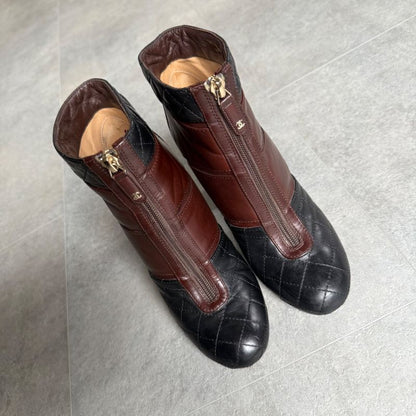 Chanel Matelasse Coco Mark Zip Up Boots Leather Brown Black Bicolor 37c 24cm
