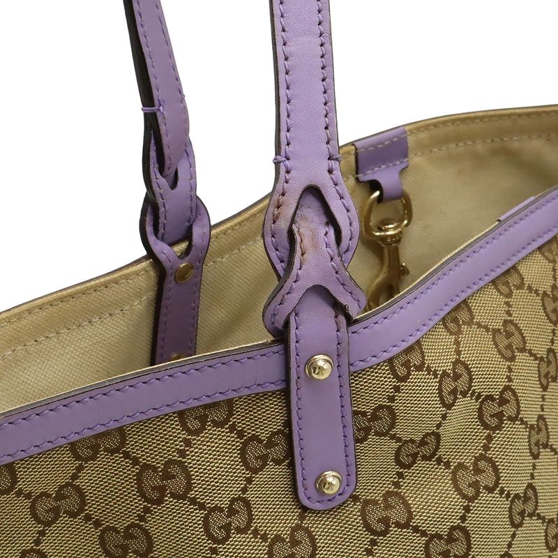 Gucci GG Canvas Tote Bag Shoulder Bag Semi Shoulder Leather Khaki Beige Purple