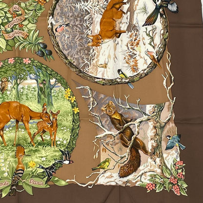 Hermes Carre 90 LES Quatre Saisons Four Seasons Brown Animal Floral Scarf Silk