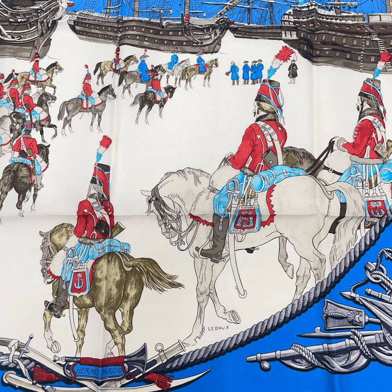 Grade Hermes Carre 90 Marine ET Cavalerie Sea And Cavalry Blue 100% Silk Scarf