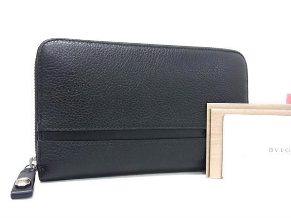 Bvlgari Leather Round Zipper Long Wallet Men Ladies Black Ax3764