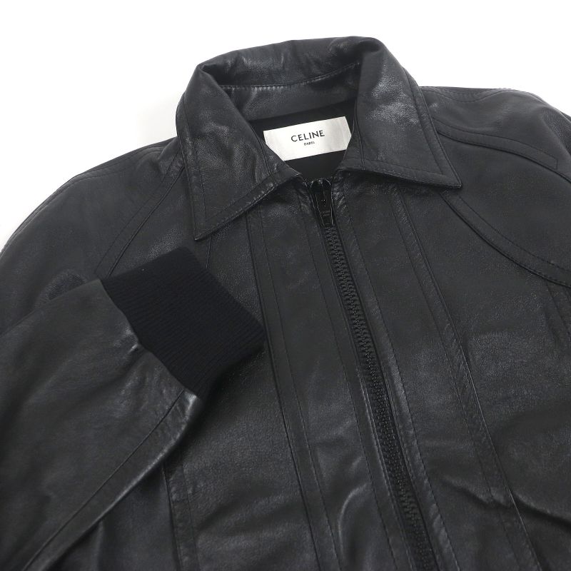 Celine 2ef32280d Cut-out Soft Lambskin Leather Jacket Blouson Black 48 Made In