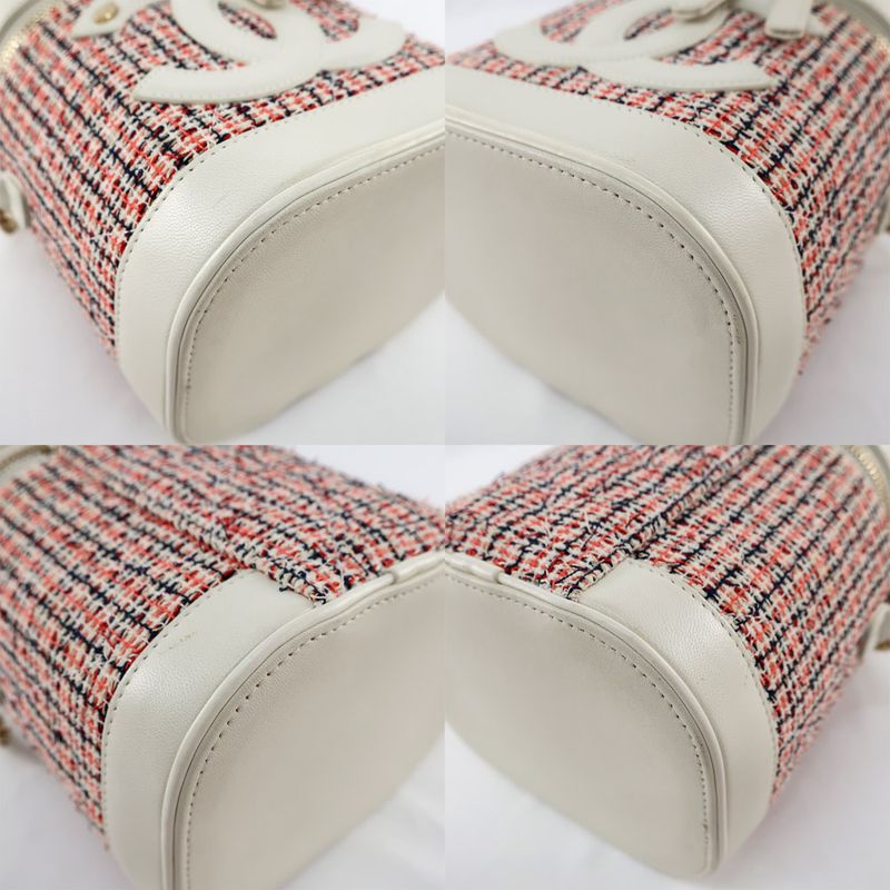Chanel Vanity Case Chain Shoulder Coco Mark Tweed White Gold Hardware