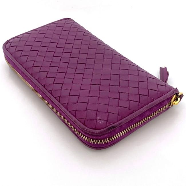 Bottega Veneta Round Zipper Long Wallet Purple Intrecciato