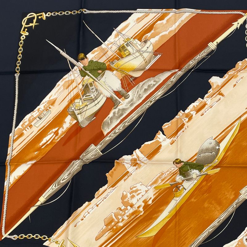 Hermes Carre 90 1982 Gronland Greenland Eskimo Dog Sled Silk Scarf Black