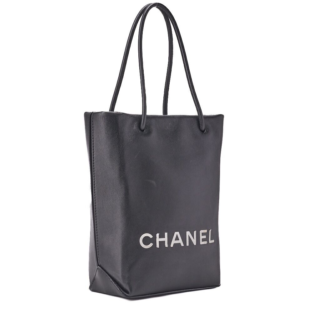 Chanel Mini Tote Bag Essential Logo Mark Lambskin Black Silver Hardware Charm