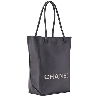 Chanel Mini Tote Bag Essential Logo Mark Lambskin Black Silver Hardware Charm