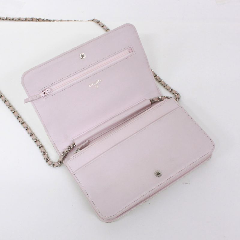 Chanel Deauville Chain Wallet Leather X Straw Light Pink Shoulder Bag Silver