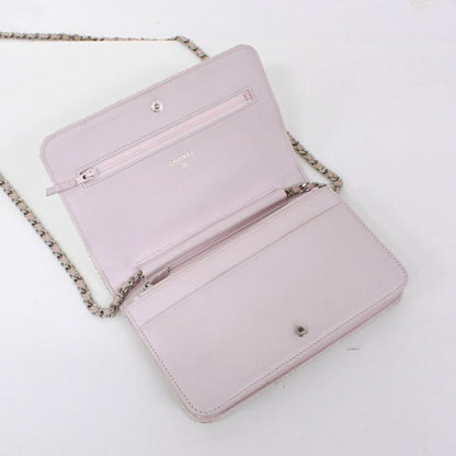 Chanel Deauville Chain Wallet Leather X Straw Light Pink Shoulder Bag Silver
