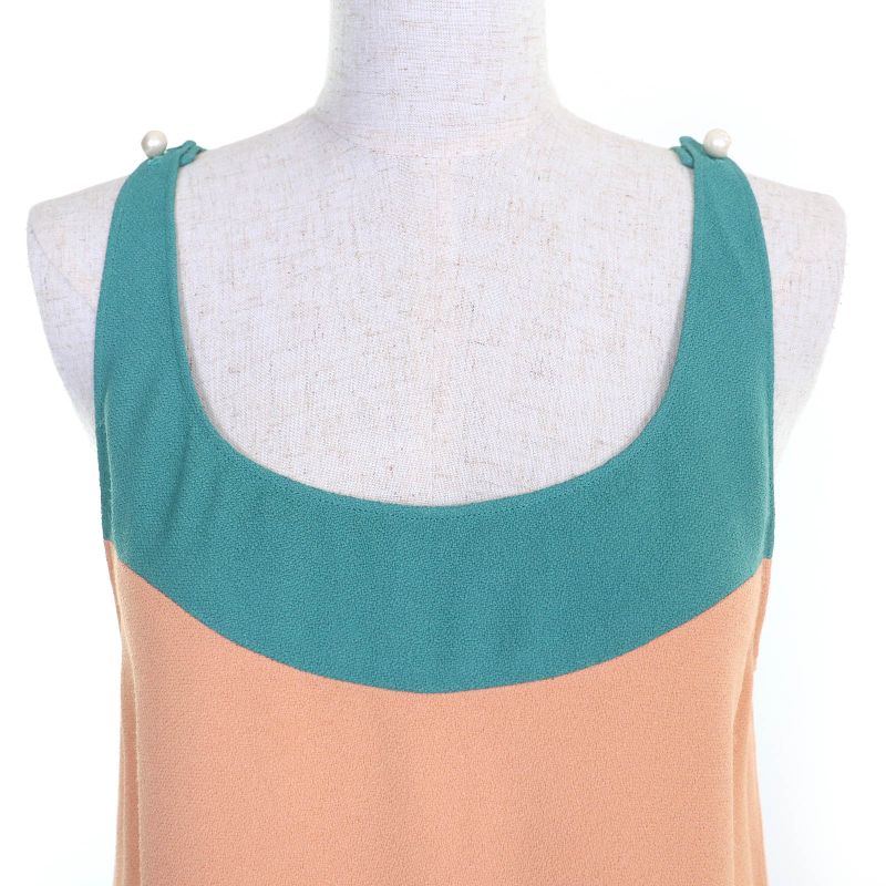 CHANEL P47830 Coco Mark Pearl Button Sleeveless Top Tunic Green Beige Blue 38