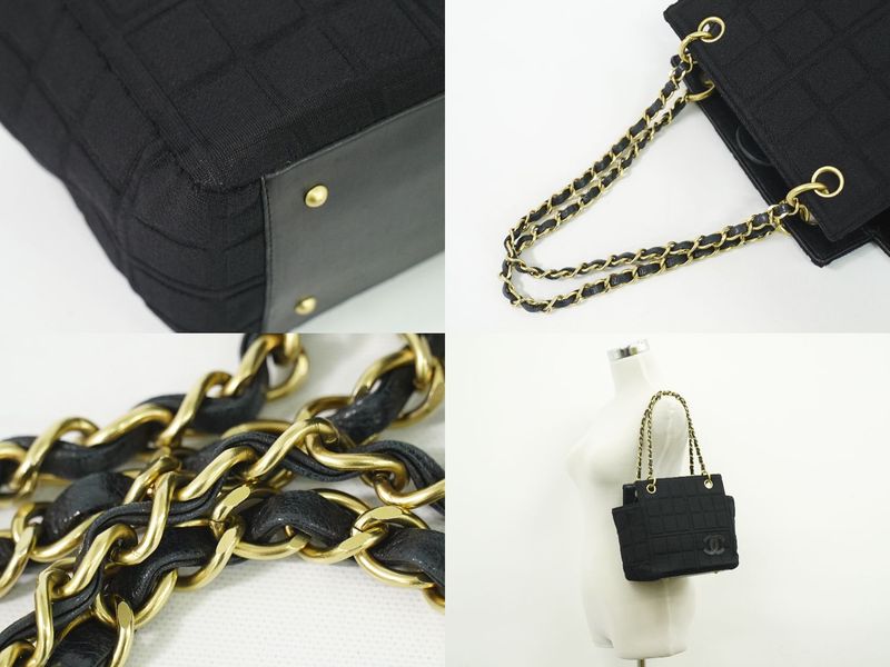 Authentic Chanel Chocolate Bar Chain Shoulder Bag Tote Bag Canvas Black