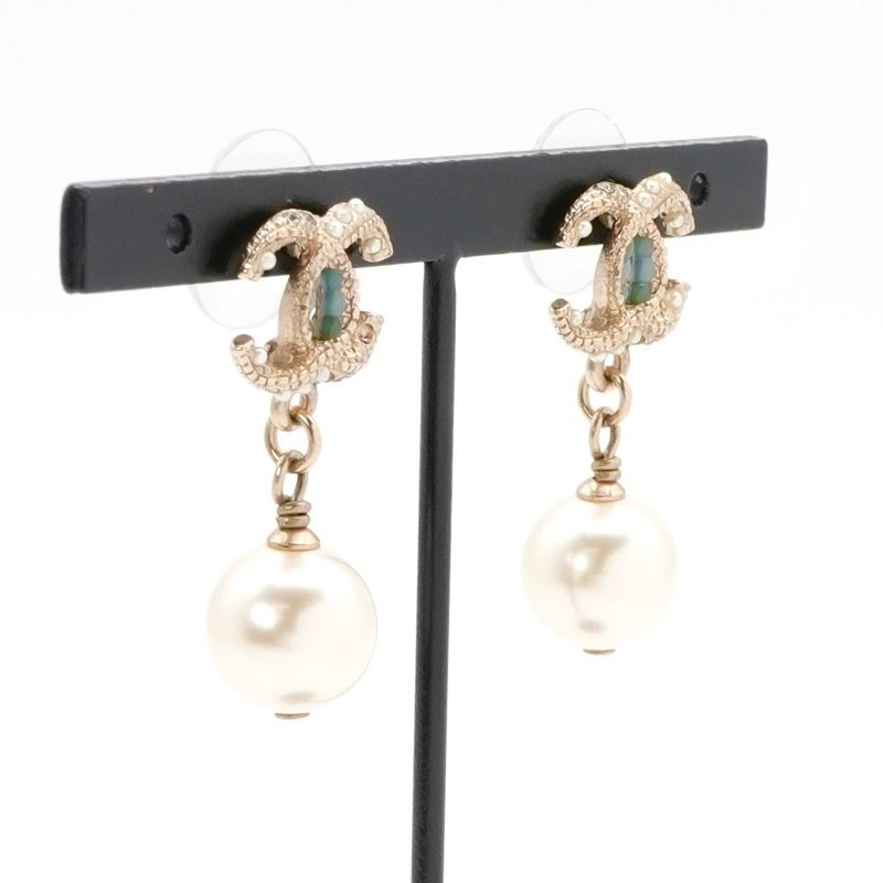 Chanel Earrings Coco Mark Rhinestone Pearl Gold