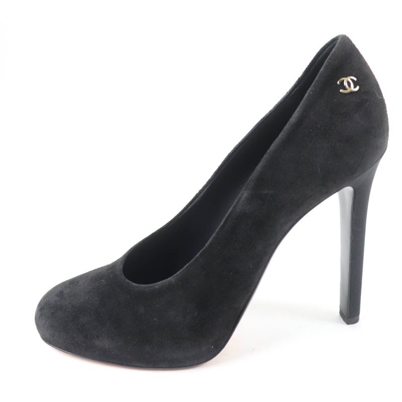 CHANEL G33546 Round Toe Suede Leather Pumps With Coco Mark Black 38 Made In