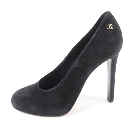 CHANEL G33546 Round Toe Suede Leather Pumps With Coco Mark Black 38 Made In