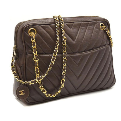 Chanel Double Chain V-stitch Lambskin Brown Shoulder Bag Gold