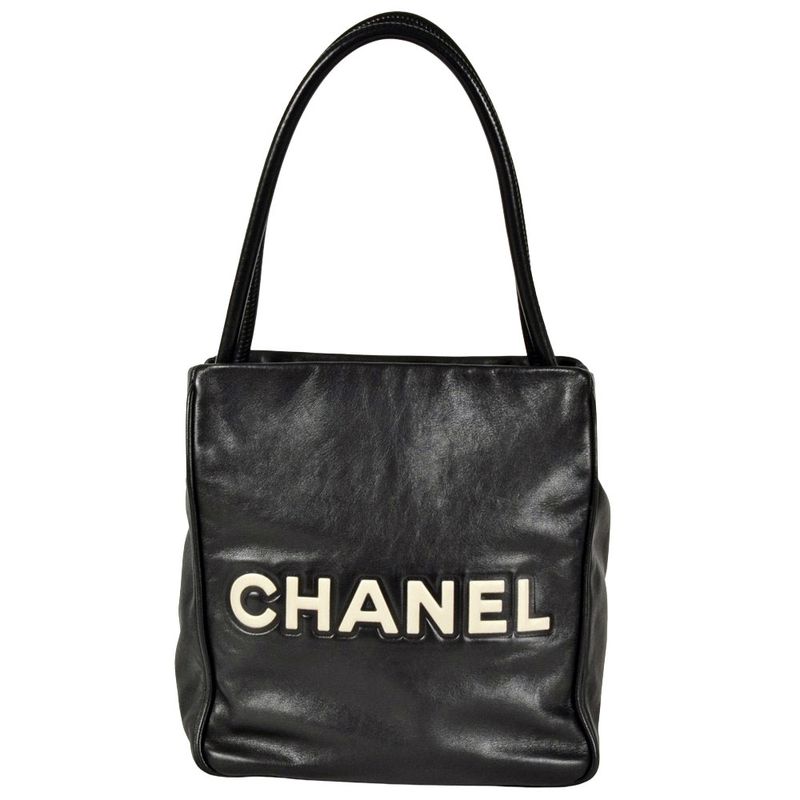 Chanel Camellia Tote Bag Lambskin Black White Logo