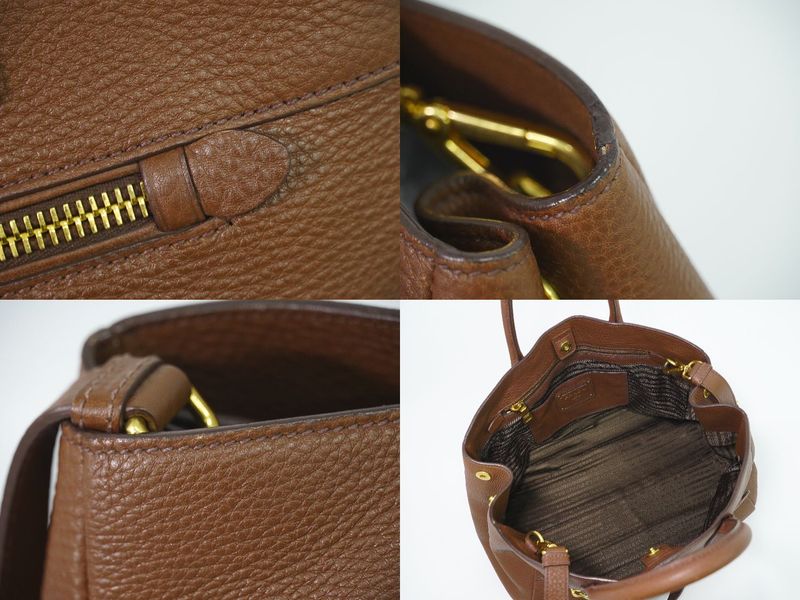 Authentic Prada Leather 2WAY Shoulder Bag Handbag Pochette Brown Bn2545 Bag