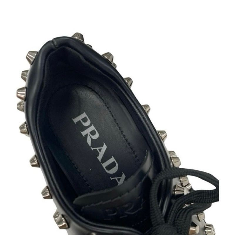 Prada Monolith Loafers Leather Shoes Leather Black Silver Studded Lace Up Shoes