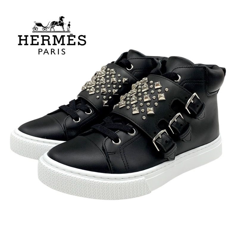 Hermes Hanky ​​sneakers Shoes Leather Black Silver Unused Studded High Cut