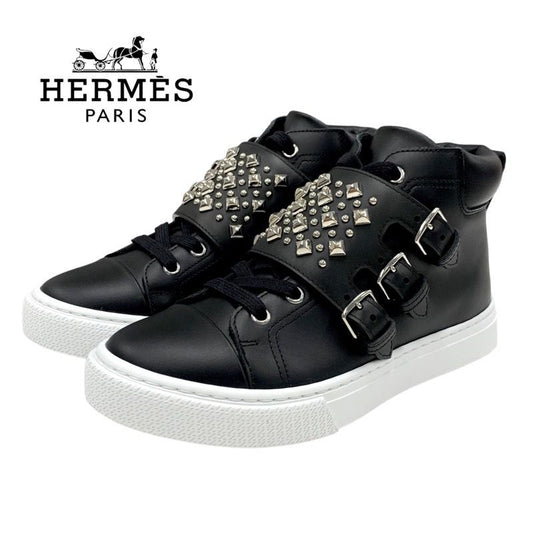 Hermes Hanky ​​sneakers Shoes Leather Black Silver Unused Studded High Cut