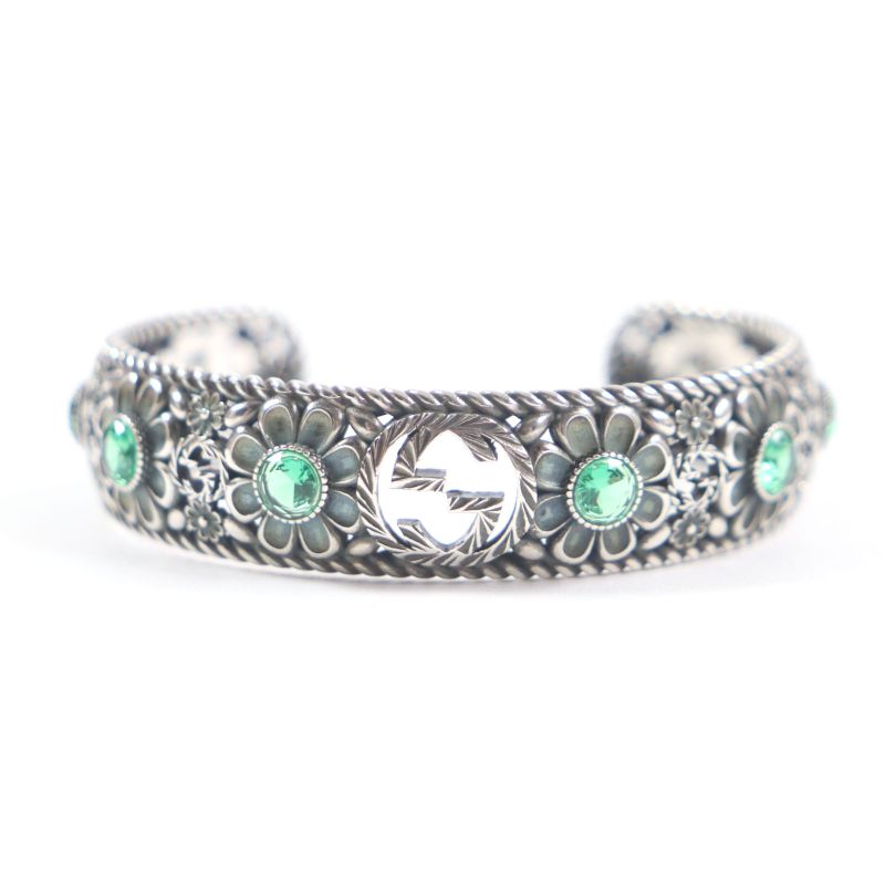 Gucci Crystal Floral Interlocking G Bangle Bracelet Ag925 Silver Green 16 With
