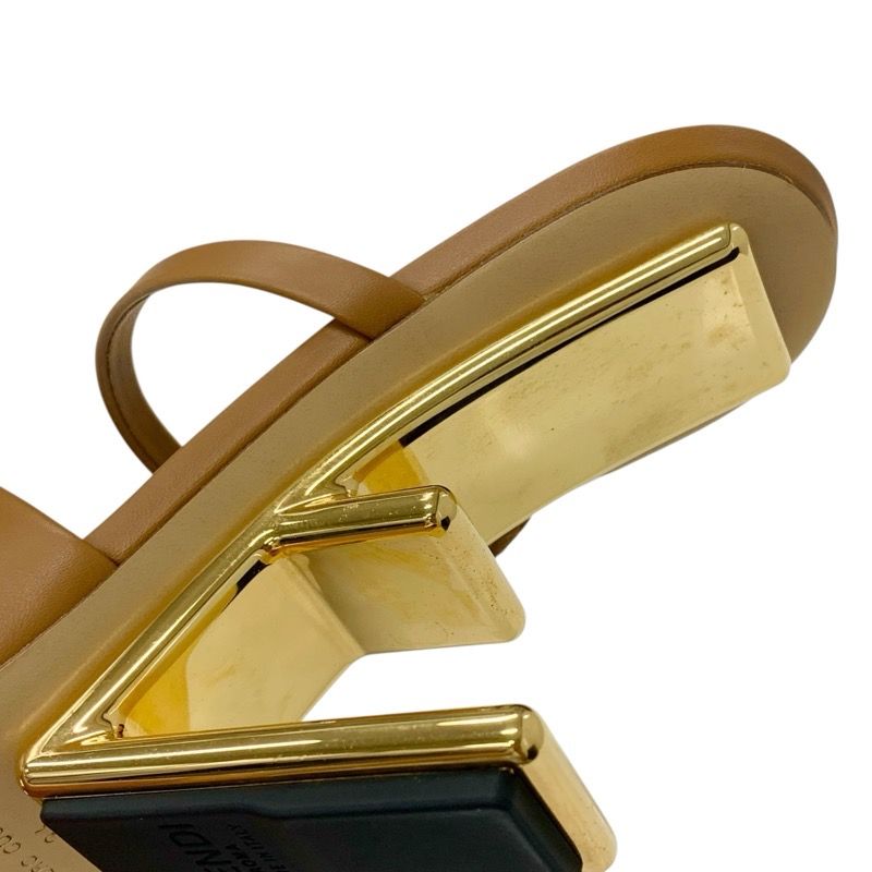 Fendi First Sandals Shoes Leather Brown Gold Unused Mule Metal Heel Strap