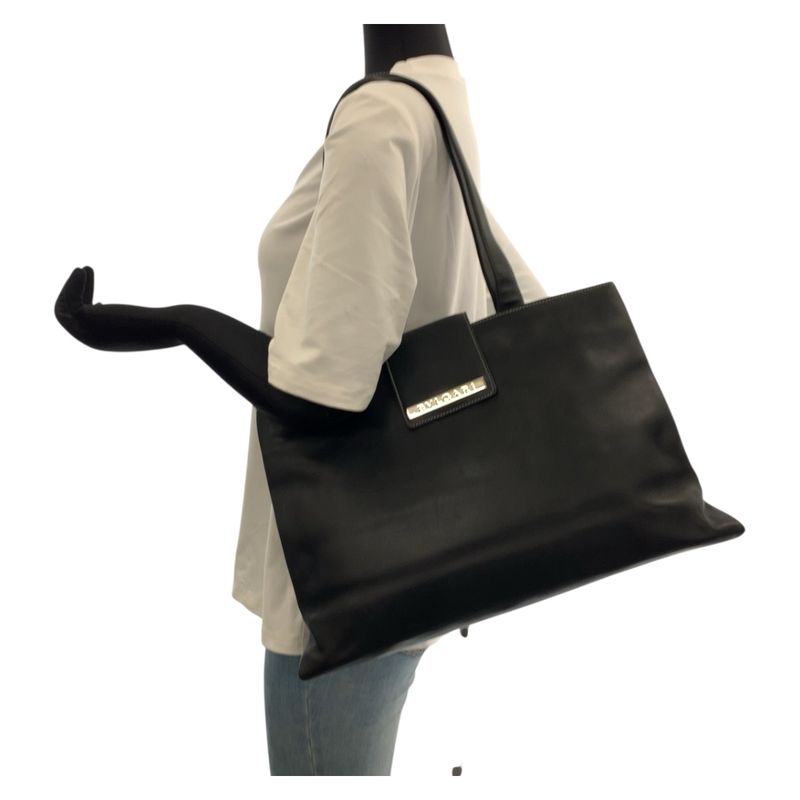 Bvlgari Logo Plate Black Silver Hardware Leather Tote Bag Shoulder Bag Women