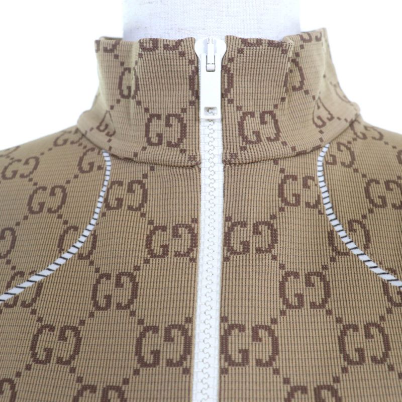Gucci 23SS 715524 GG Pattern Cropped Front Zip Long Sleeve Top Brown M Made In