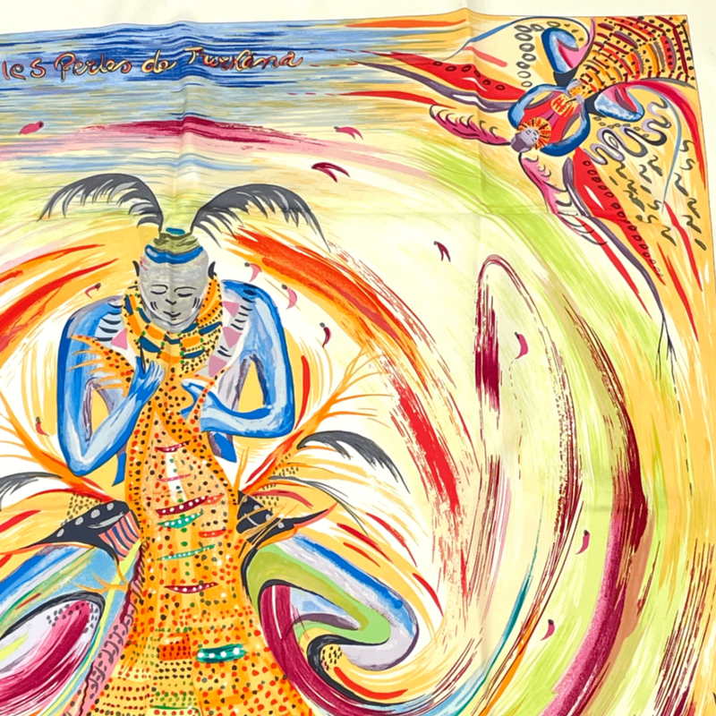 Hermes Carre 90 Les Perles De Turukana Pearls Scarf Silk Beige