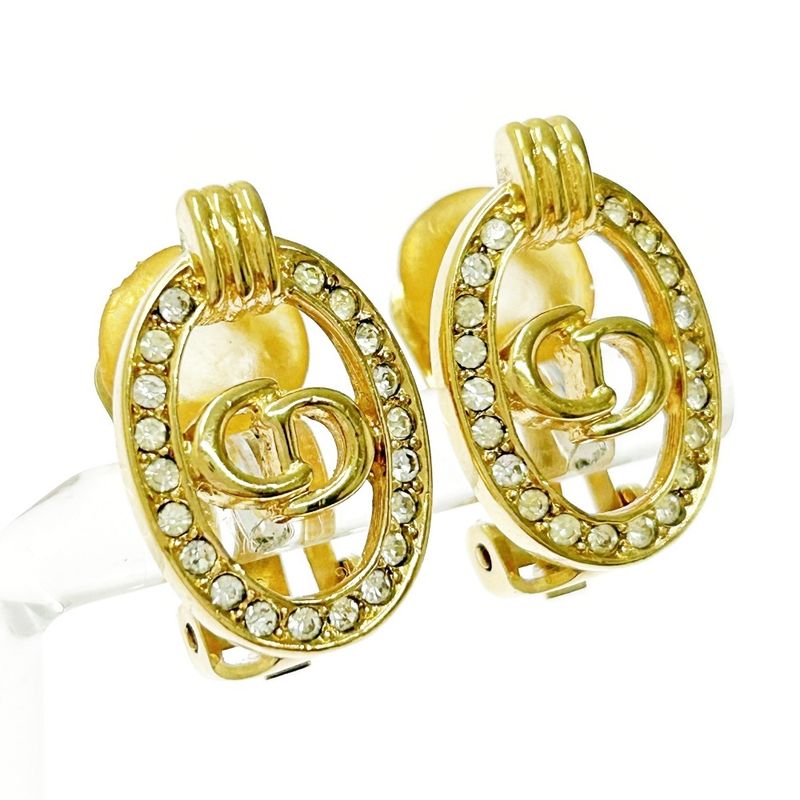 Christian Dior GP Rhinestone CD Logo Oval Earrings Gold 364052 Earrings