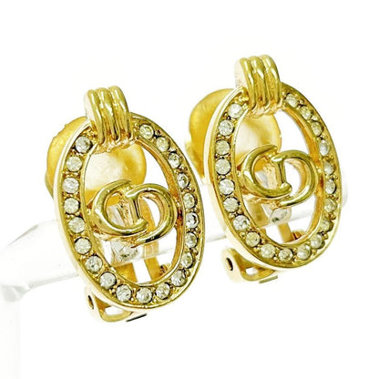 Christian Dior GP Rhinestone CD Logo Oval Earrings Gold 364052 Earrings