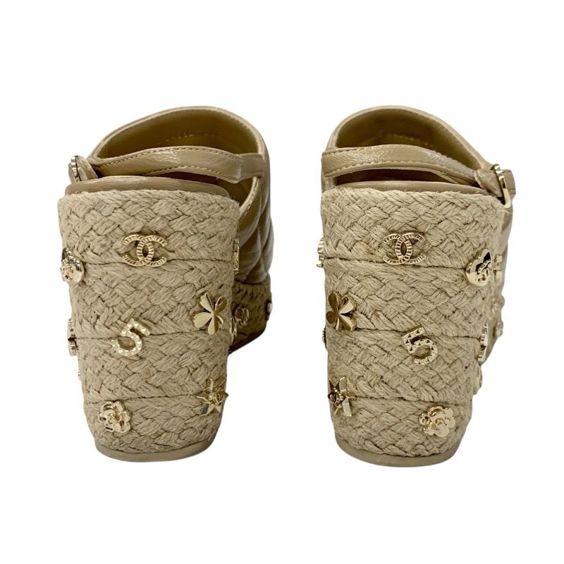 Chanel Sandals Shoes Leather Beige Gold Strap Chocolate Bar Coco Mark Icon