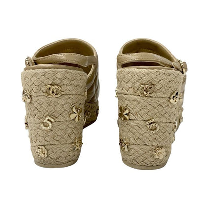 Chanel Sandals Shoes Leather Beige Gold Strap Chocolate Bar Coco Mark Icon