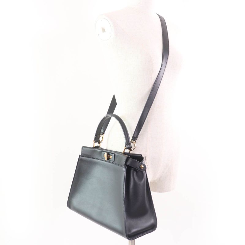 Fendi 8bn290 Peekaboo Regular Nappaleather 2WAY Shoulder Handbag Black Gold