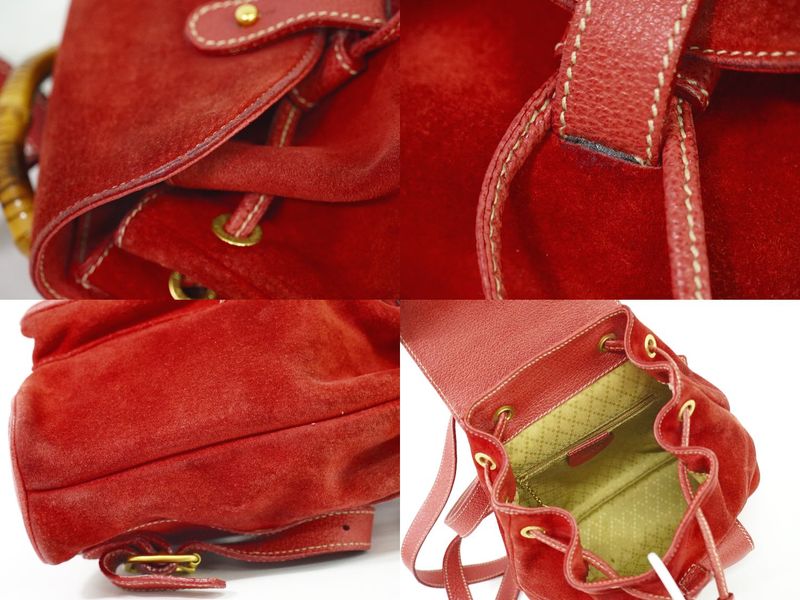 Authentic Gucci Bamboo Mini Backpack Sac Backpack Suede Leather Red Bamboo Bag