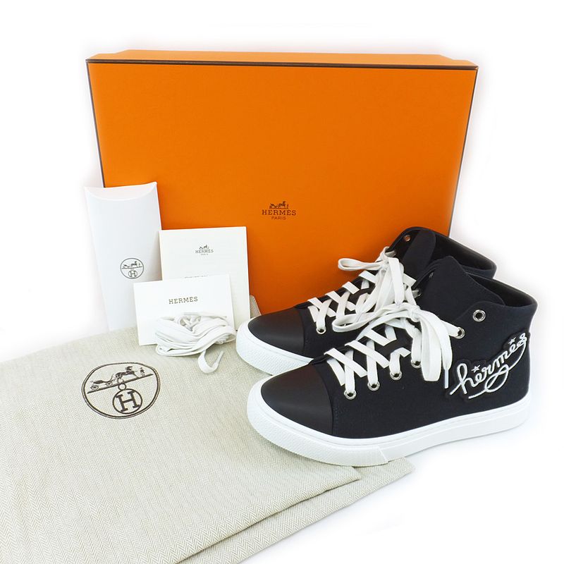 Hermes Iriko High Cut Sneakers - Description 38 Black White Cotton