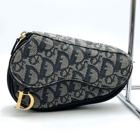 DIOR Pouch Navy Canvas Trotter Saddle Women's Branded High Brand Fashion