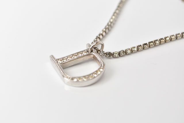 Christian Dior Necklace Vintage Double Chain Logo Rhinestone Silver