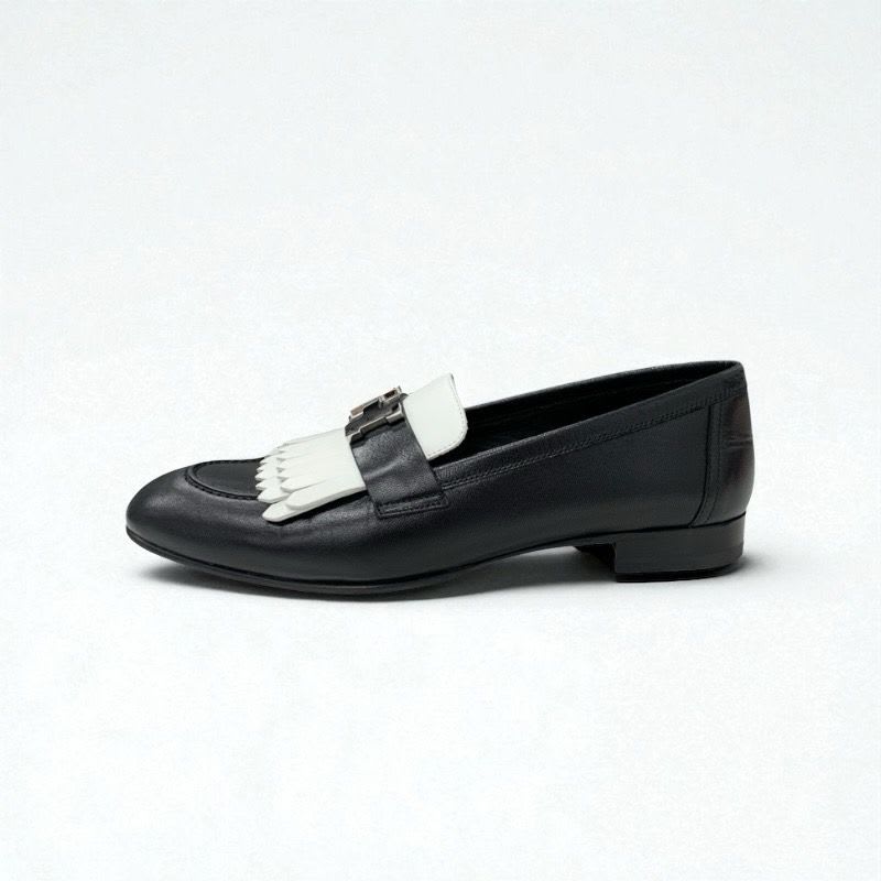 Hermes Royale Loafers Leather Shoes Black White Hhardware Fringe