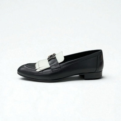 Hermes Royale Loafers Leather Shoes Black White Hhardware Fringe
